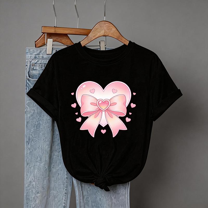 Y2k Tees Tops with Heart and Butterfly Bow Print for Woman Casual Crew Neck Short Sleeve T-Shirt Women's Graphic T Shirt Clothes
