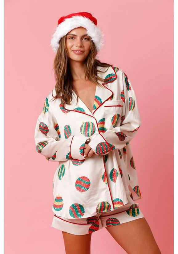 2023 Santa Claus Satin Print Two-Piece Homewear Pajama Set