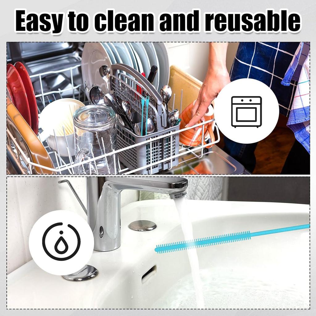 Cleaner Brush Set, 9.45 Inch Silicone Straw Brush with Cup Lid Brush Reusable Water Bottle Straw Cleaner Pipe Cleaners Crevice Brush Kitchen Cleaning