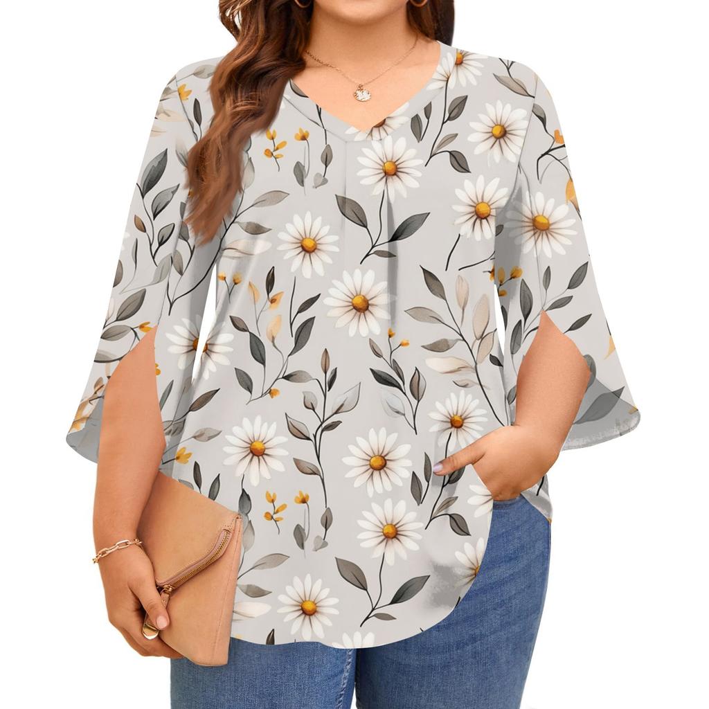 Women's Printing V-neck Plus Size Tops 3/4 Sleeves Elegant Shirt Tops