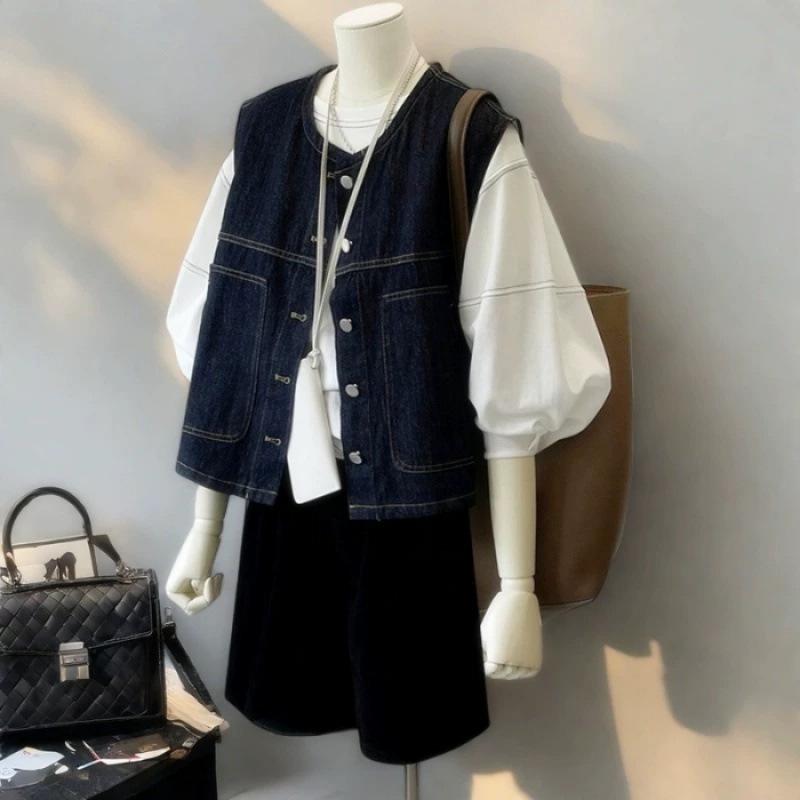 Women s Retro Hong Kong-Style Layered Denim Vest – New Spring Arrival, Sleeveless & Stylish Extra Large