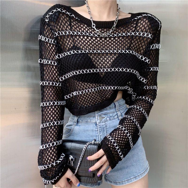 

Летний круглый вырез горловины в полоску, уменьшающий возраст, трикотажный свитер с длинными рукавами, свободным кроем и солнцезащитным верхом, модный L