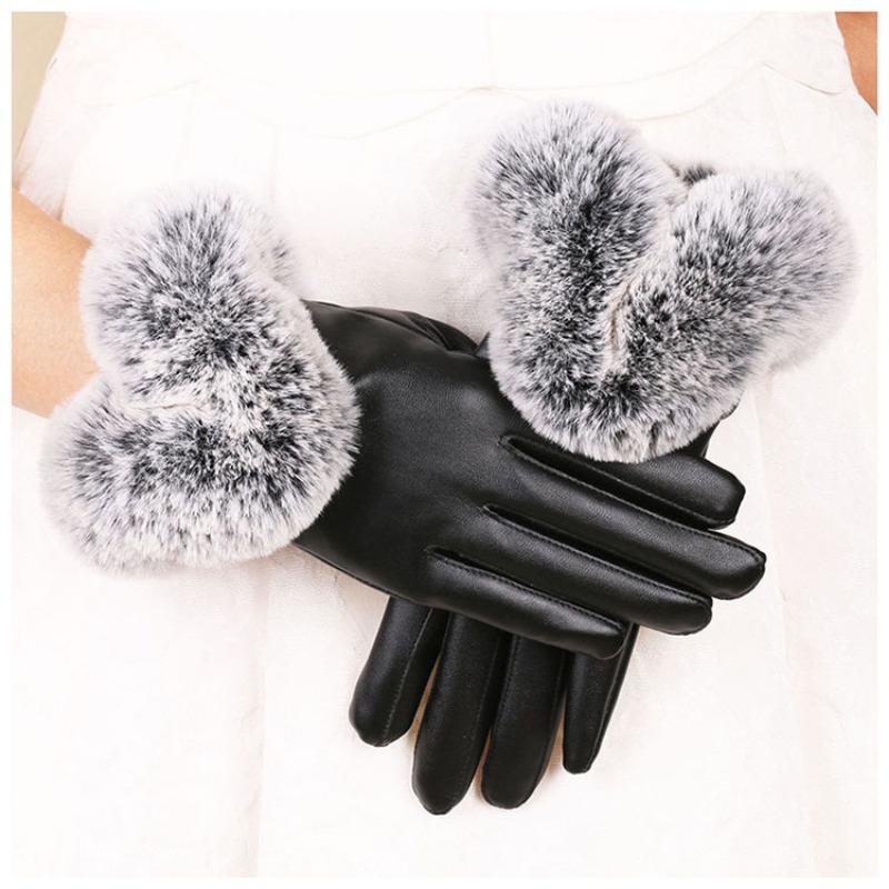 Warm gloves women's leather cold-proof velvet thickened rabbit fur mouth outdoor riding cold autumn and winter touch screen gloves