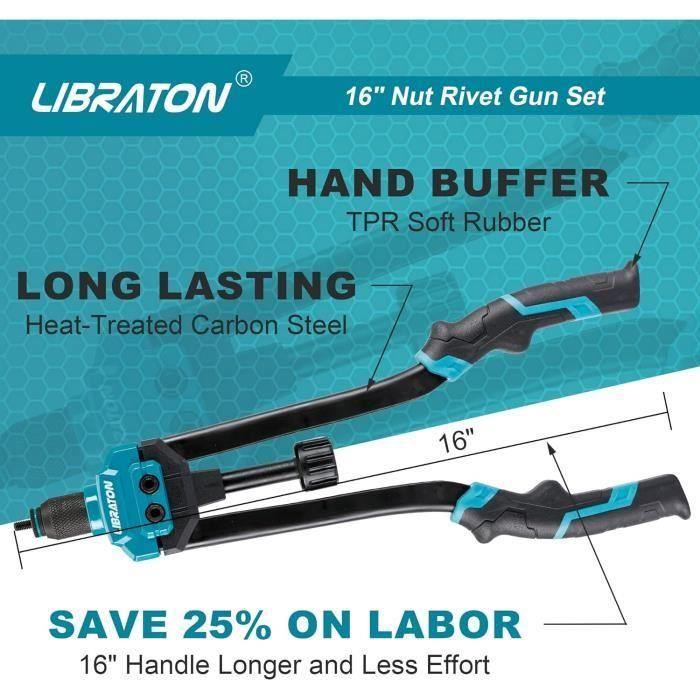 Pince à rivet - Libraton - Kit complet - 70 écrous - 7 mandrins - Acier au carbone