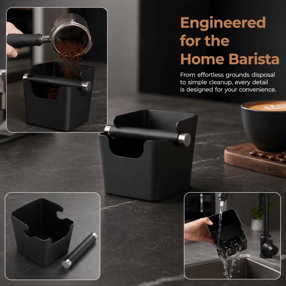 Stainless Steel Coffee Knock Box Non-Slip Rubber Base Removable Knock Bar Espresso Knock Box Square Bucket Black Color
