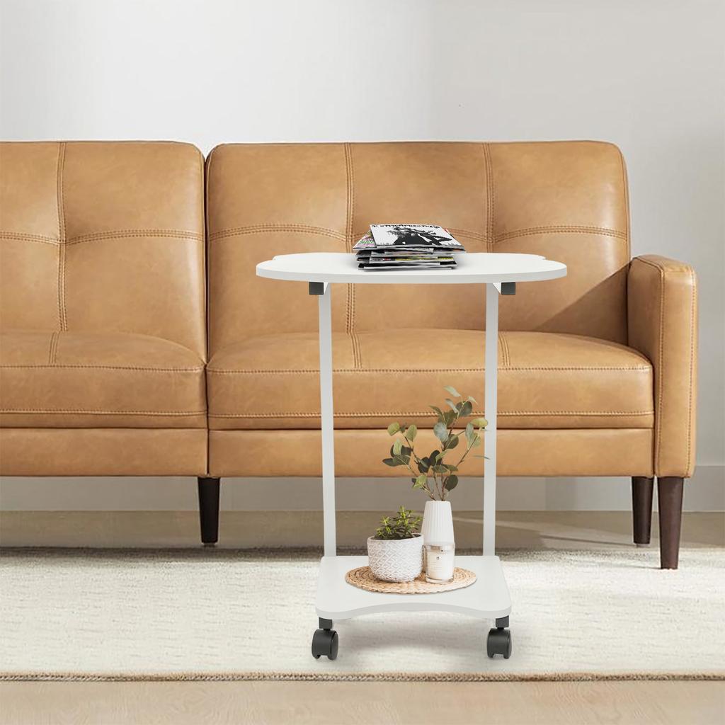 Spanplatten Panda Beistelltisch mit Rädern, Weißer C-förmiger Nachttisch Freistehend 30*25*60cm für Schlafzimmer, Wohnzimmer