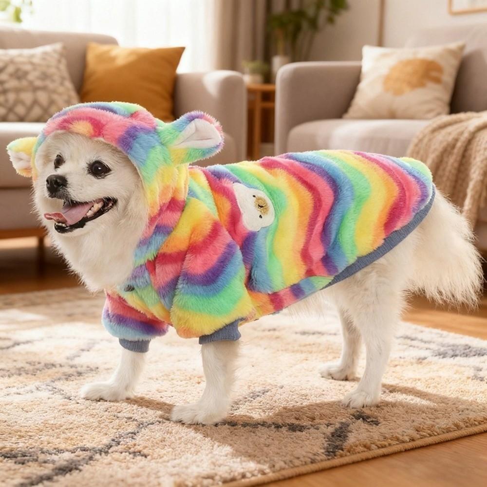Pet Costume Thick Pet Dog Hoodie Fleece Rainbow Puppy Pullover Warm Soft Dog Jumpsuit Cold Weather
