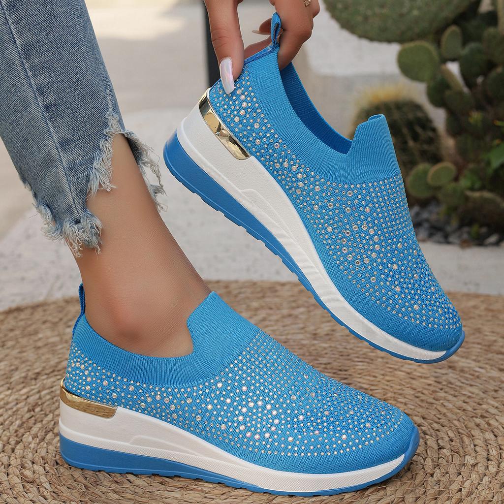 Large Size Slope Heel Casual Sports Shoes Women's Spring and Summer 2025 New Rhinestone Flying Woven Casual Shoes Women