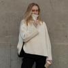 Women Fall Winter Turtleneck Long Sleeve Knit Striped Slit Loose Sweater