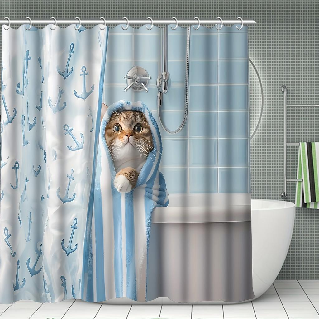 4-teiliges lustiges Duschvorhang-Set mit Katzenmotiv, inklusive rutschfester Badematte, Toilettendeckelbezug, Kontur-Teppich und 12 Haken, Badezimmer-Dekoration