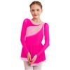 Kids Girls Color Block Dance Dress Glittery Rhinestone Sheer Mesh Long Sleeve Keyhole Back Figure Skating Dresses