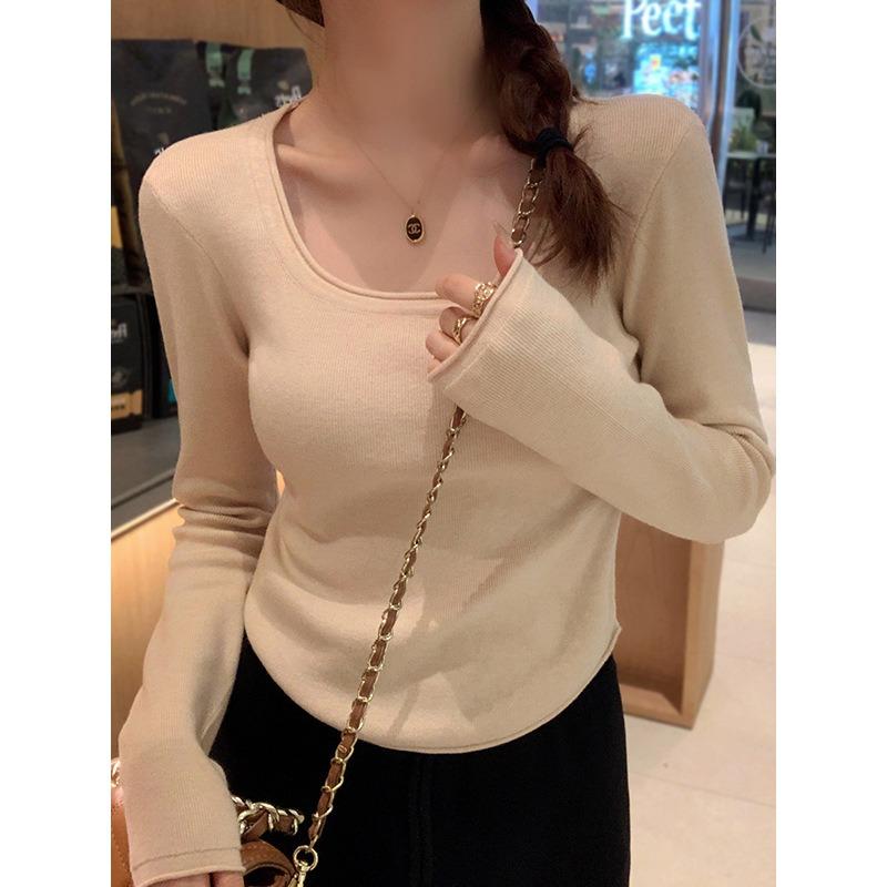 Curled Square Neck Leaking Collarbone Knitted Sweater Women's Spring Slim-fitting and Thin Inner Top, High-end Bottoming Shirt