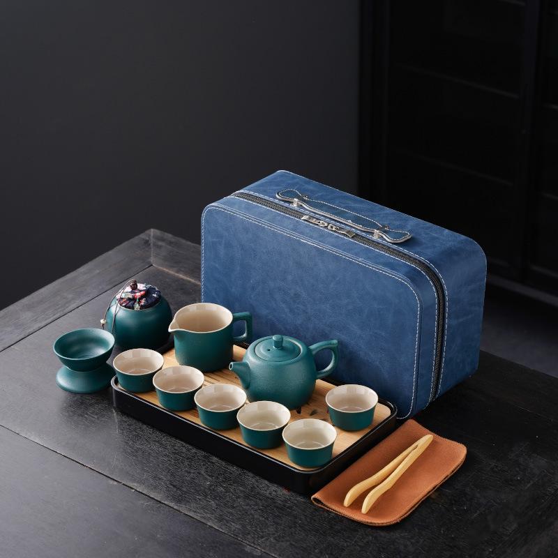 High-End Portable Ceramic Tea Set with Teapot, Teacups, and Tray for Household or Outdoor Use