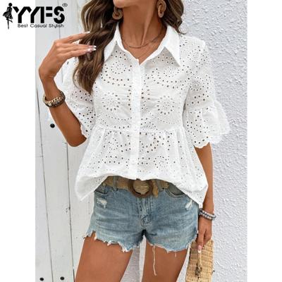 Women's Fashion Casual Summer Spring Solid Color Print Short Sleeve POLO Neck Blouses & Shirts