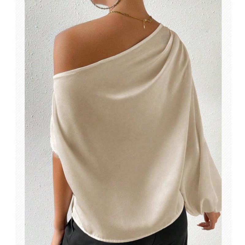 Sexy Elegant Skew Collar Long Sleeve Casual Blouses Women Fashion Off Shoulder Temperament Women's Shirts Tops Solid Simple Slim Fit Lady Blouse 26399