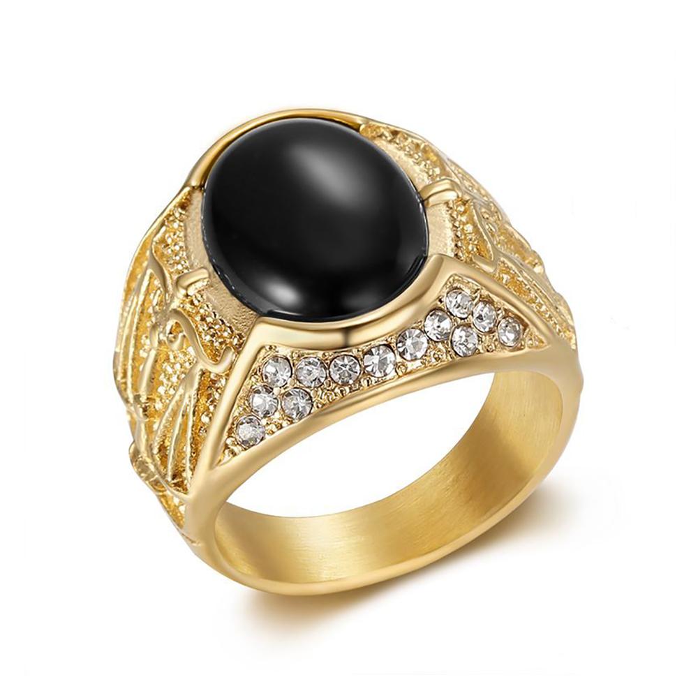 Vintage Classic Gold Color Stainless Steel Rings for Men Women Fashion Green/Black Stone Ring Biker Solid Finger Jewelry Gift