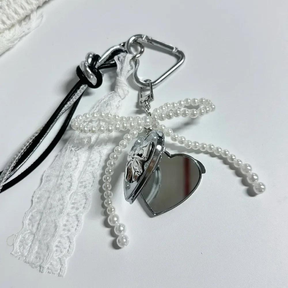 Korean Cute Lace Bow Pearl Beaded Phone Pendant Chain Accessories Aesthetic Ballet Shoes Camera Bag Decoration Keychain Gift
