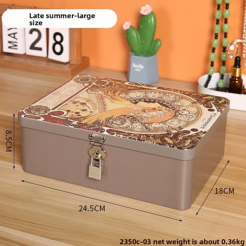 Retro Tinplate Box with Lock Key, Desktop Storage Box, Cosmetics, ID Storage, Household Jewelry Empty Box.