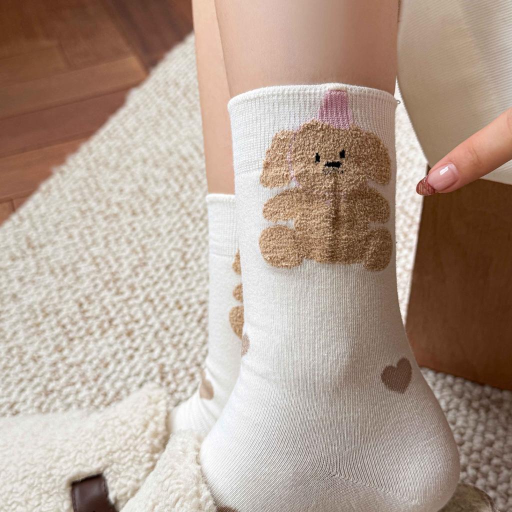 Boneless Socks Medium Tube Socks Flocked Cotton Socks Monsoon Cute Cartoon Bear Sweat-Absorbing Stockings
