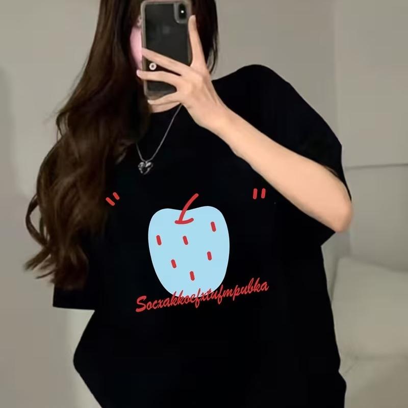 Cute Korean Style Blue Apple Print T-Shirt Women Sweet O-Neck Short Sleeve Loose Tshirt Aesthetic Tops
