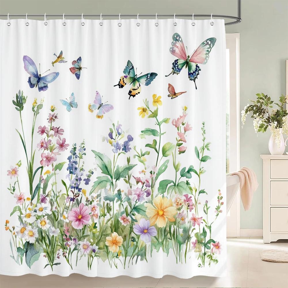

Watercolor Flowers, Leaves And Butterflies Shower Curtain Floral Printed Bathroom Bath Curtain Home Decor Curtain With Hooks W60H190(CM)-1 Pcs