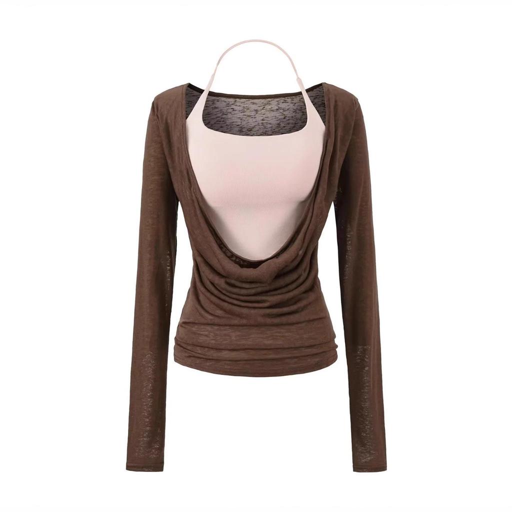 Halter Neck Chest-Pad Vest Top with Long-Sleeve Flowing Collar Cover-Up - Women's Two-Piece Hot Girl Set