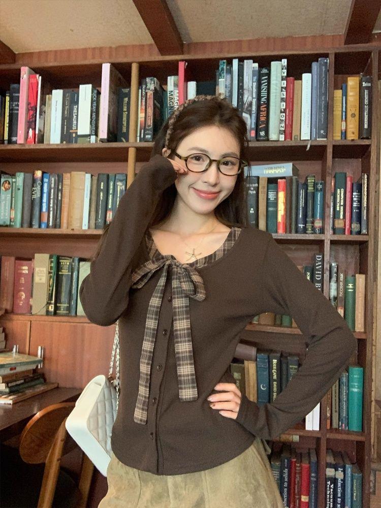 Women's Autumn Slim Fit Retro Lace-up Bow Tie Long Sleeve Top