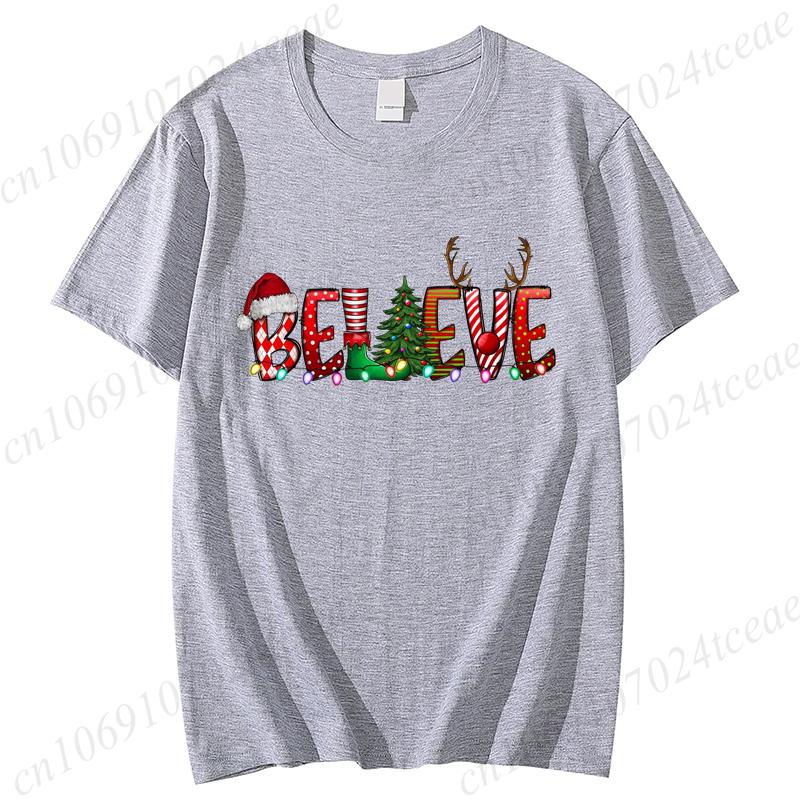 Believe Christmas Print Tshirt for Women Short Sleeve Casual Top Women Streetwear Family Christmas Graphic Tees Vintage Shirt