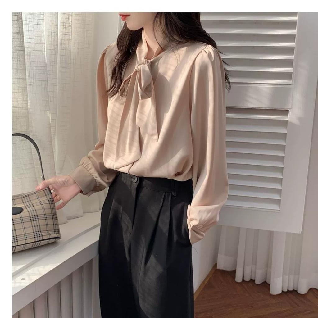 Spring and Autumn  Tops Bow Tie Chiffon Shirts Casual Long Sleeve White Blouse Women's Elegant Business Loose Blouses Ladies