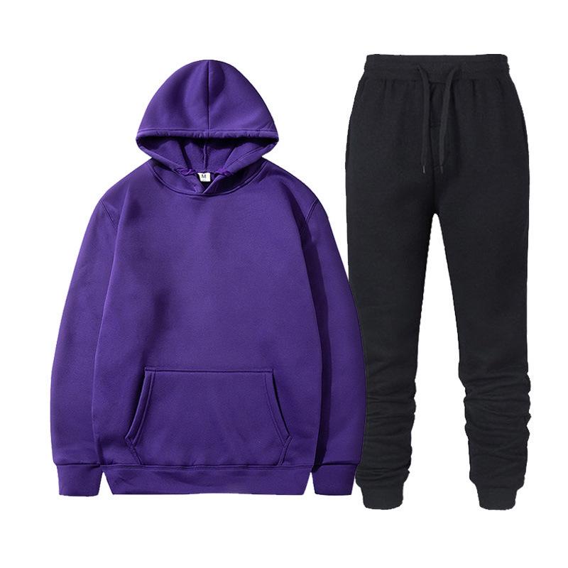 Herren einfarbiger Fleece-Pullover-Hoodie & Sweatpants-Set
