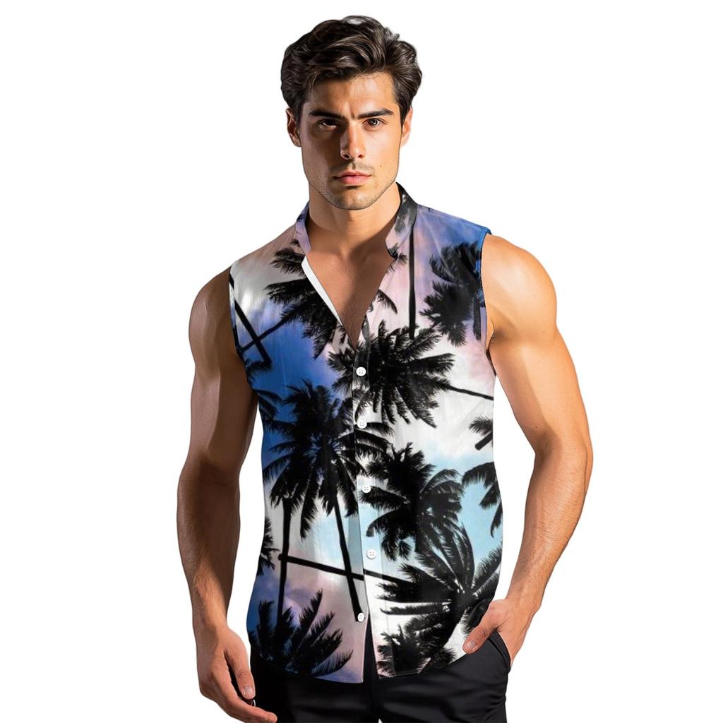 Men's Fashion Printed Sleeveless Lapel Button-Down Shirt Vest Top