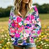 Women's Casual Floral Print Long Sleeve Hooded Jacket with Pockets and