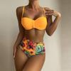 Kadın Halter Boyun Bölünmüş Bikini Retro Seksi Düz Renk Baskı Bikini Seti