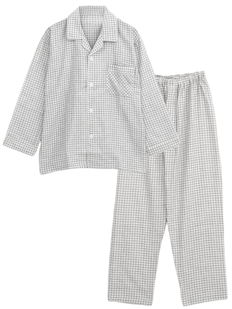 SUIMIN CARE Made In Checkered Long Sizes LL Gray Checkered Men's Pajamas, Japan, Double-Layered Gauze, Botanical, 100% Cotton, Pattern, Sleeves,