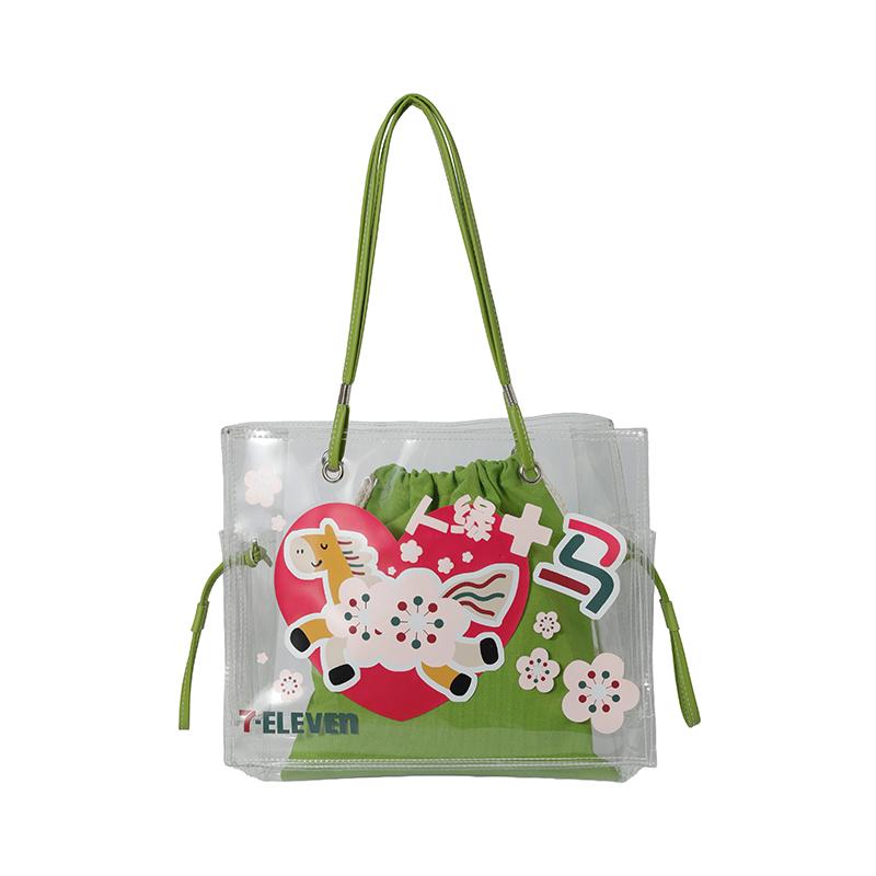 Summer Cartoon Horse Print Transparent PVC Tote Bags Elegant Large Capacity Jelly Handbag Sweet Youth Shoulder Bag for Women