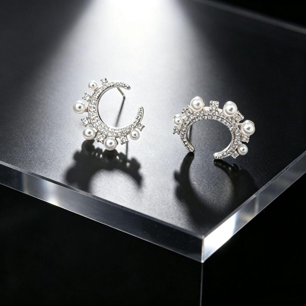 Elegant Crescent Moon and Pearl Diamond Stud Earrings for Women