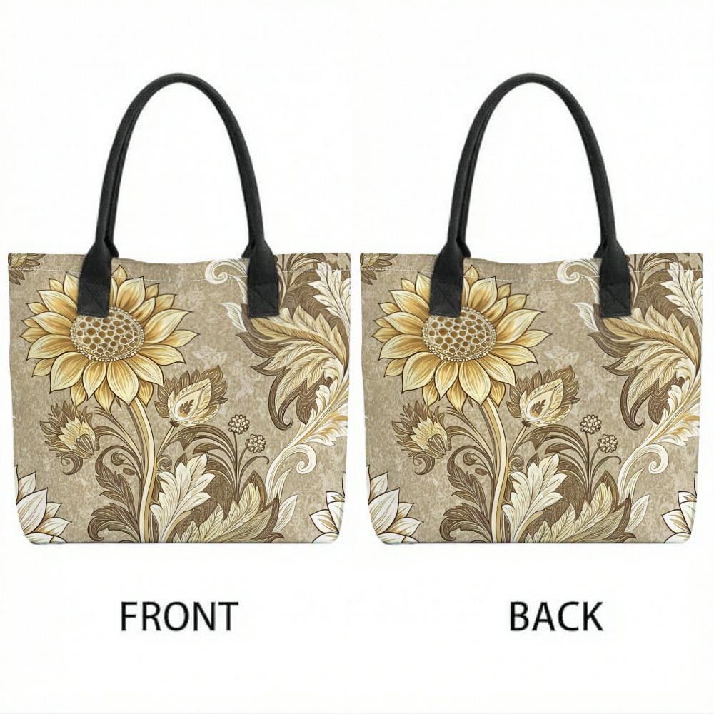  Sunflower Print Tote Bag Vintage Large Capacity Casual Shoulder Bag for Daily Commute Shopping