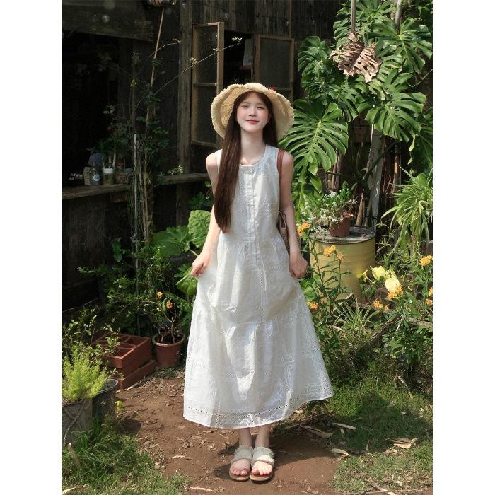 French retro embroidered sleeveless dress women s summer apricot beautiful temperament loose casual beautiful long skirt S