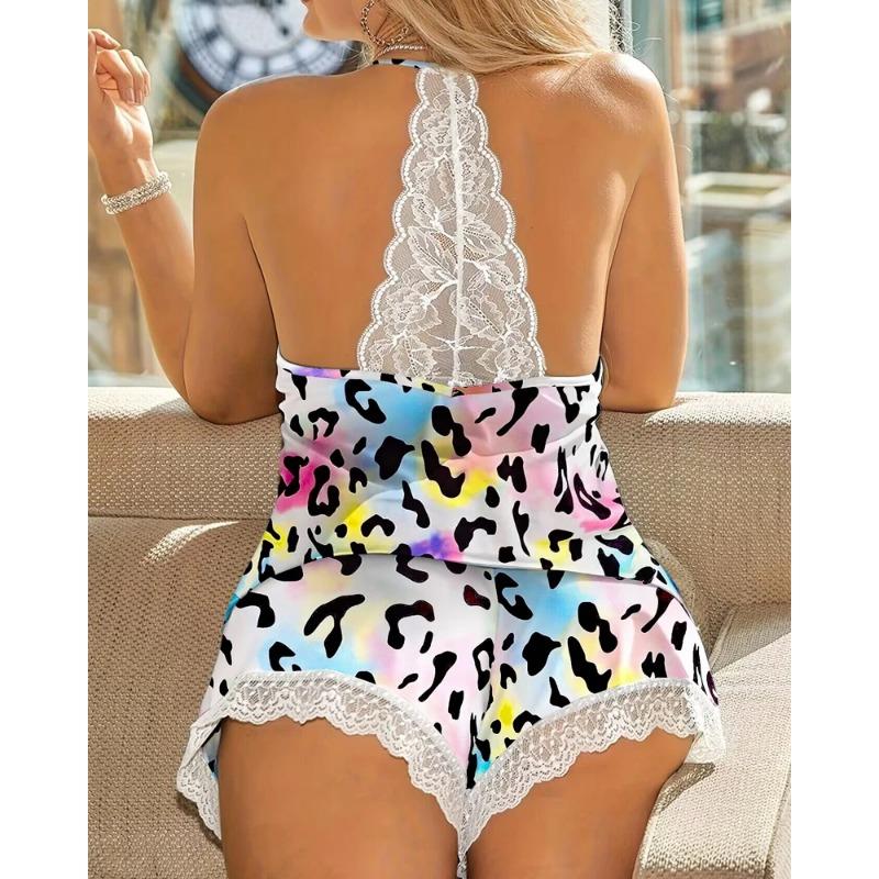 Damen-Pyjama mit Häkelspitze, ärmellos, V-Ausschnitt, lässiges Alltagskleidungs-Set, 2-teiliger Nachtwäsche-Anzug, sexy, einfarbig, Heimkleidung S