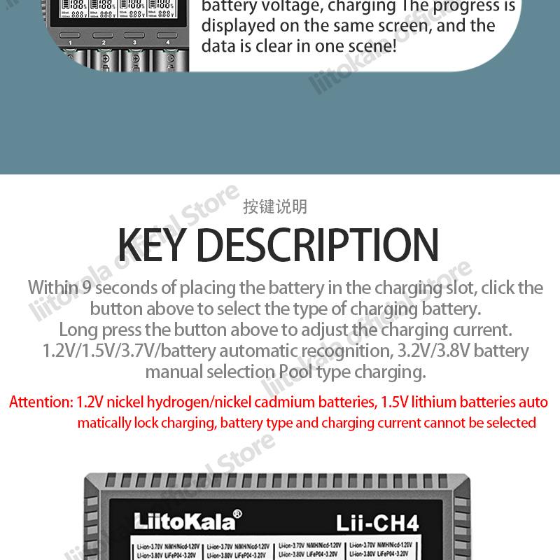 LiitoKala Lii-CH4 Smart-Ladegerät für 18650/21700/26650/AA/AAA/Ni-MH/Li-ion, 1,2V/1,5V 4-Schacht Schnellladung, USB-C, Automatische Erkennung