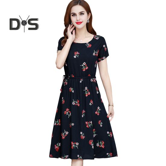 Abito Estivo da Donna con Stampa Floreale Boho Manica Corta Girocollo Abito Midi Vita con Coulisse Fluido A-Line Abito da Spiaggia