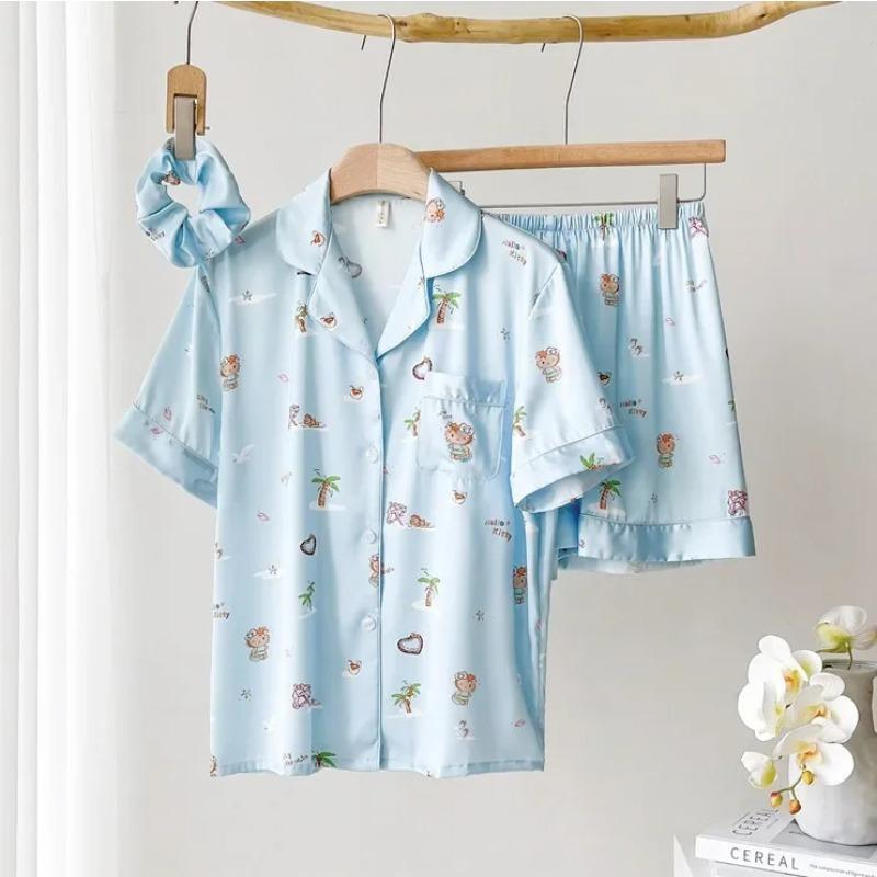 

Летние шорты из шелка с короткими рукавами, тонкие женские пижамы, домашняя одежда, шелковые пижамы, женский пижамный комплект 2XL синий