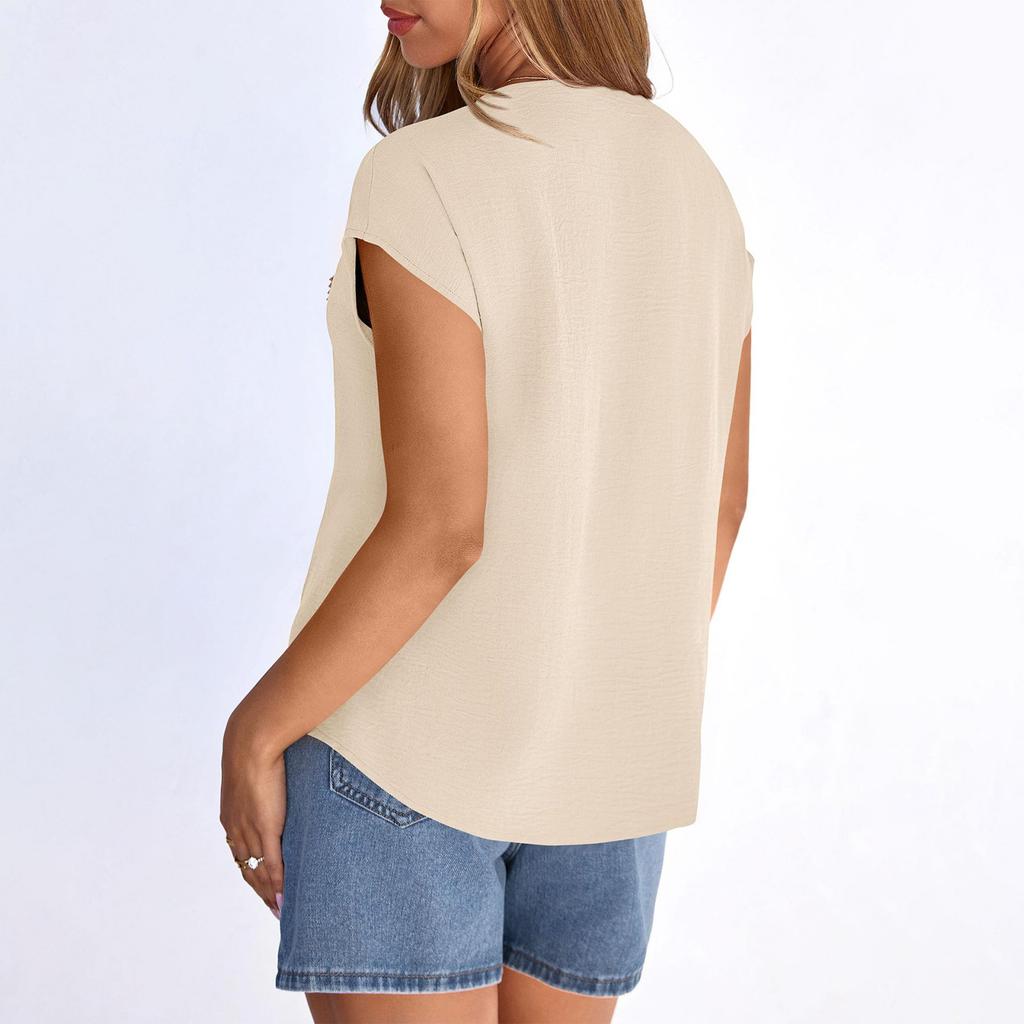 Women's Casual Fashion Ruched V,Neck Hollow Out Lace Trim T,Shirt Top