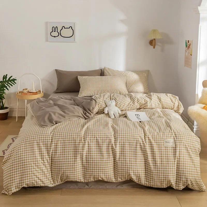Japanese Grid Printed Washed Bedding Set Skin-Friendly Breathable Quilt Cover Sets for All Seasons Queen King Size Bedclothes