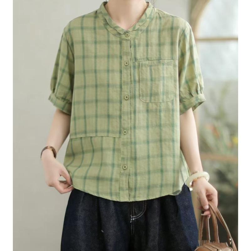 DIMANAF 2026 Plus Size Summer Women Blouse Shirts Tunic Oversize Loose Casual Cotton Lady Tops Vintage Plaid