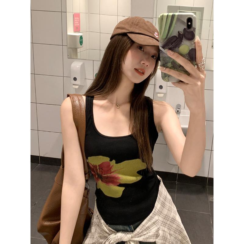 Korean Fashion Watercolor Flower Collar Sling Vest Women's Summer New Temperament Slim and Thin Design Top