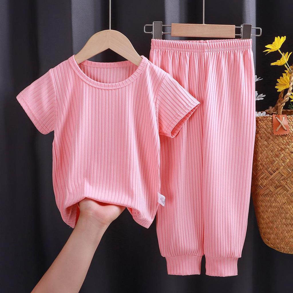 2024 Nyári Gyerek Koreai Stílusú Hétköznapi Egyszínű Pizsama Szett Fiúknak és Lányoknak