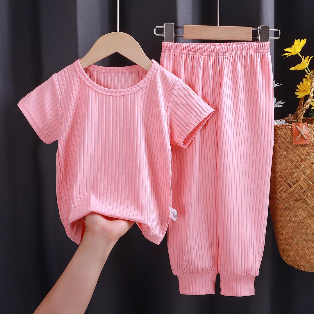 

Летний детский пижамный комплект в корейском стиле, повседневный, однотонный, для мальчиков и девочек 80 cm