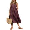 Women's Color Cotton Linen Dress With Sleevesless And Pockets