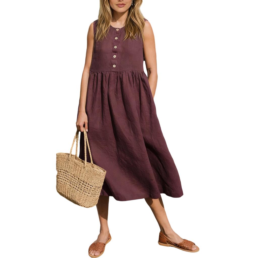 Women's Color Cotton Linen Dress With Sleevesless And Pockets